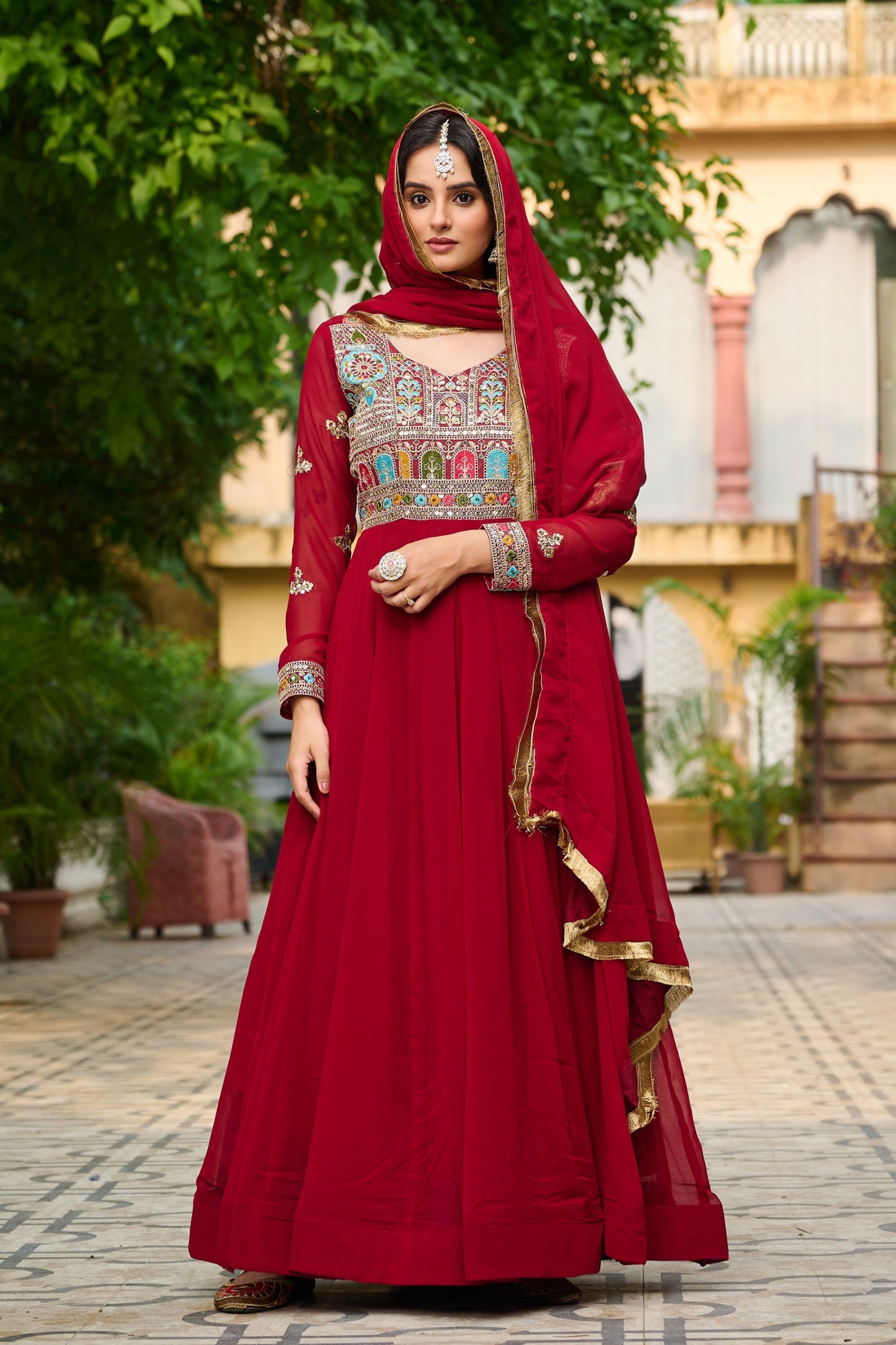 Maroon Faux Blooming Thread Embroidered Work GOWN With Dupatta