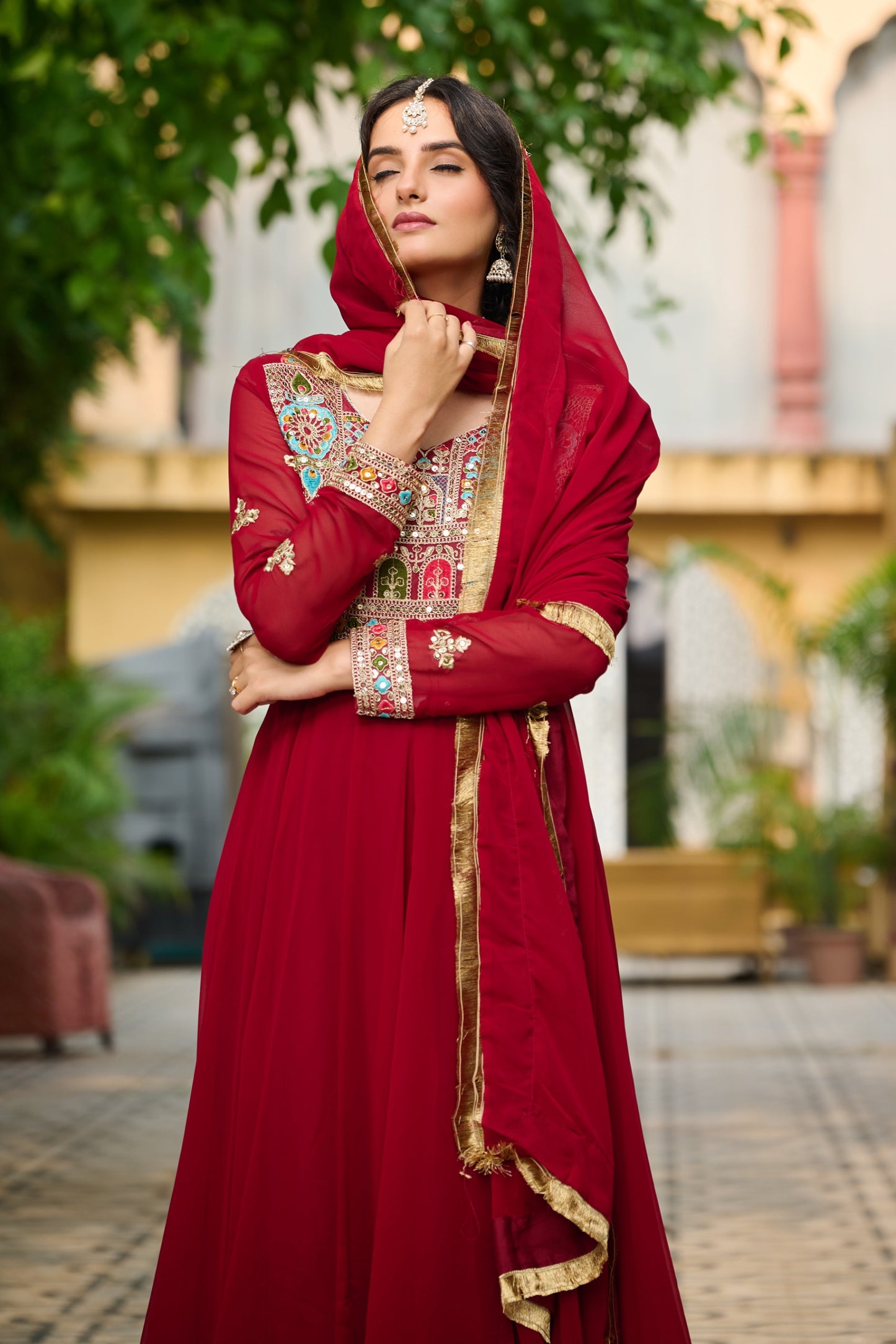 Maroon Faux Blooming Thread Embroidered Work GOWN With Dupatta
