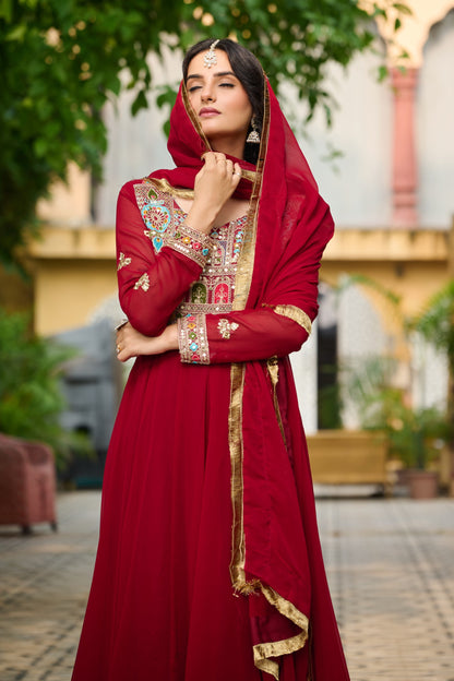 Maroon Faux Blooming Thread Embroidered Work GOWN With Dupatta