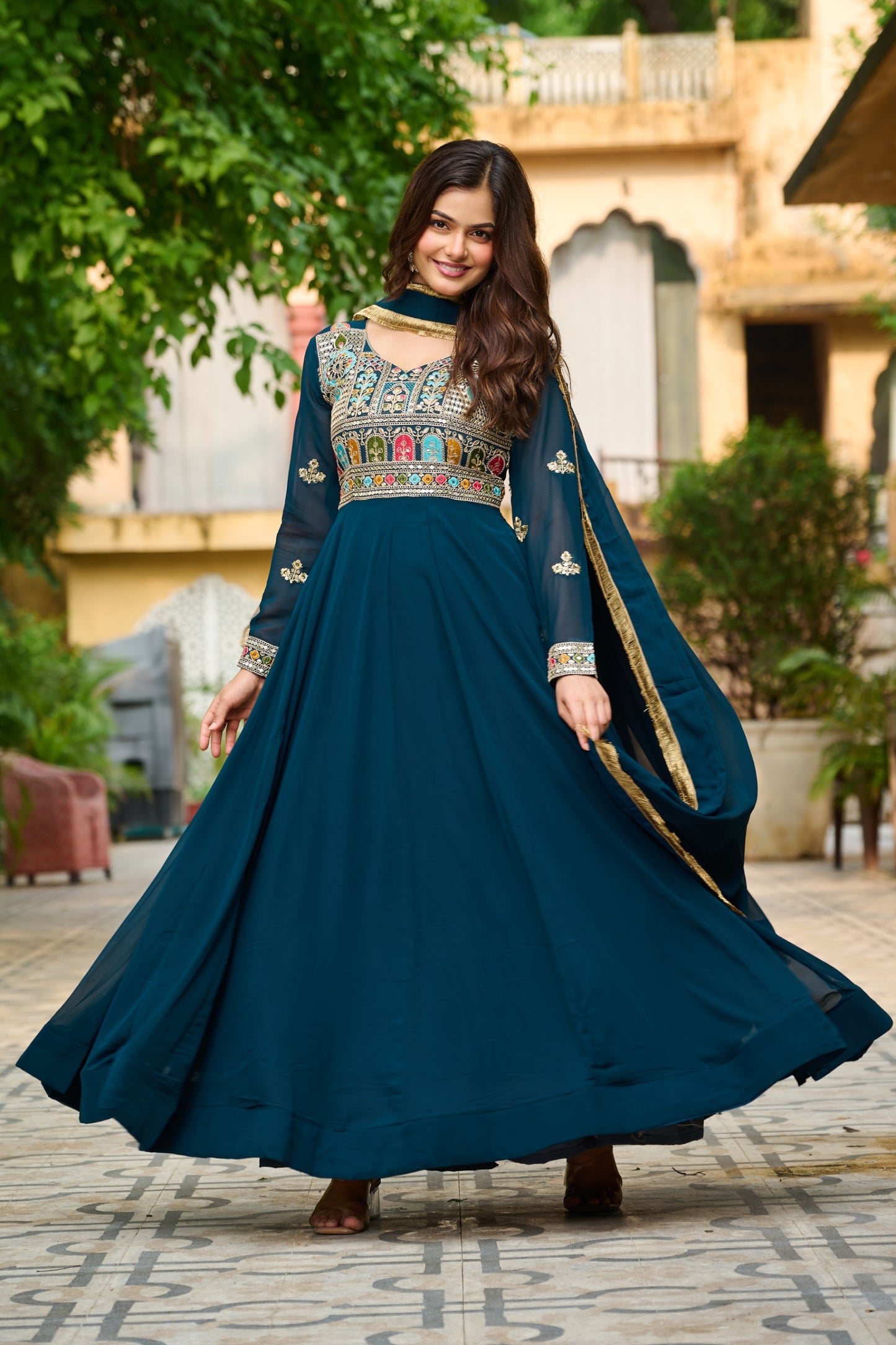 Maroon Faux Blooming Thread Embroidered Work GOWN With Dupatta