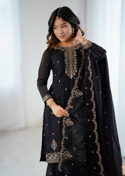 Black Soft Crunchy Silk with Fancy Embroidery Work 3pc Kurta Set