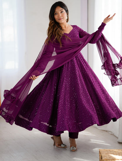 Wine Heavy Pure Soft Fox Georgette with Lucknowi Sequins Work 3pc Kurta Set