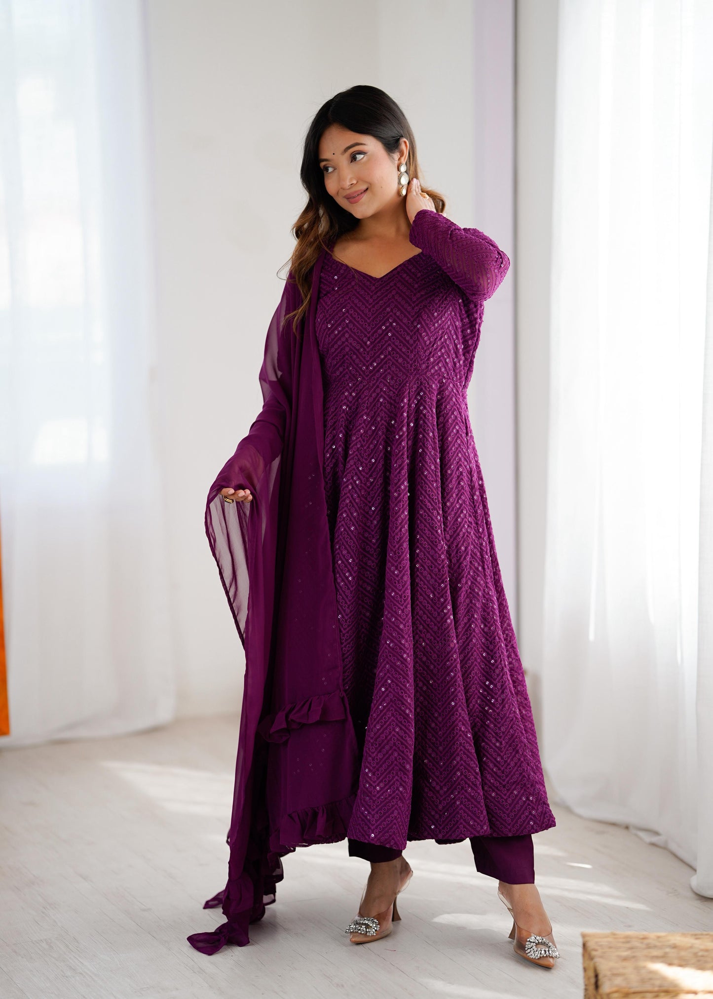 Wine Heavy Pure Soft Fox Georgette with Lucknowi Sequins Work 3pc Kurta Set