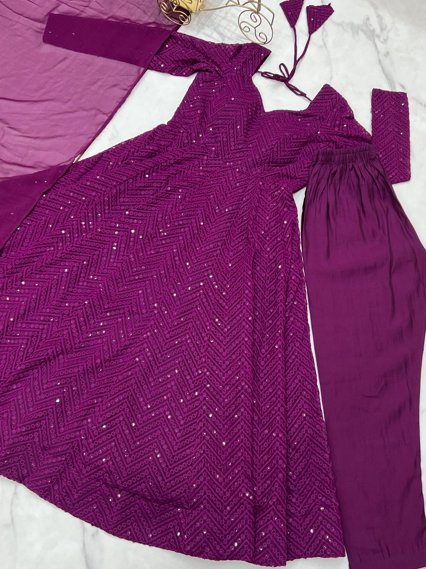 Wine Heavy Pure Soft Fox Georgette with Lucknowi Sequins Work 3pc Kurta Set