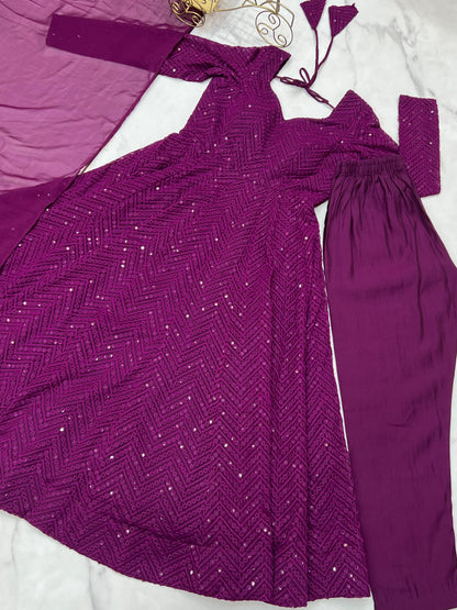 Wine Heavy Pure Soft Fox Georgette with Lucknowi Sequins Work 3pc Kurta Set