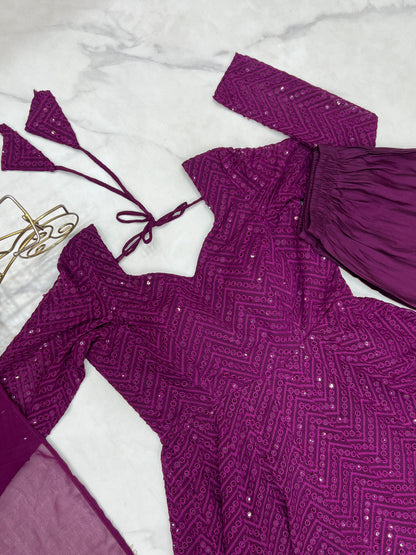 Wine Heavy Pure Soft Fox Georgette with Lucknowi Sequins Work 3pc Kurta Set