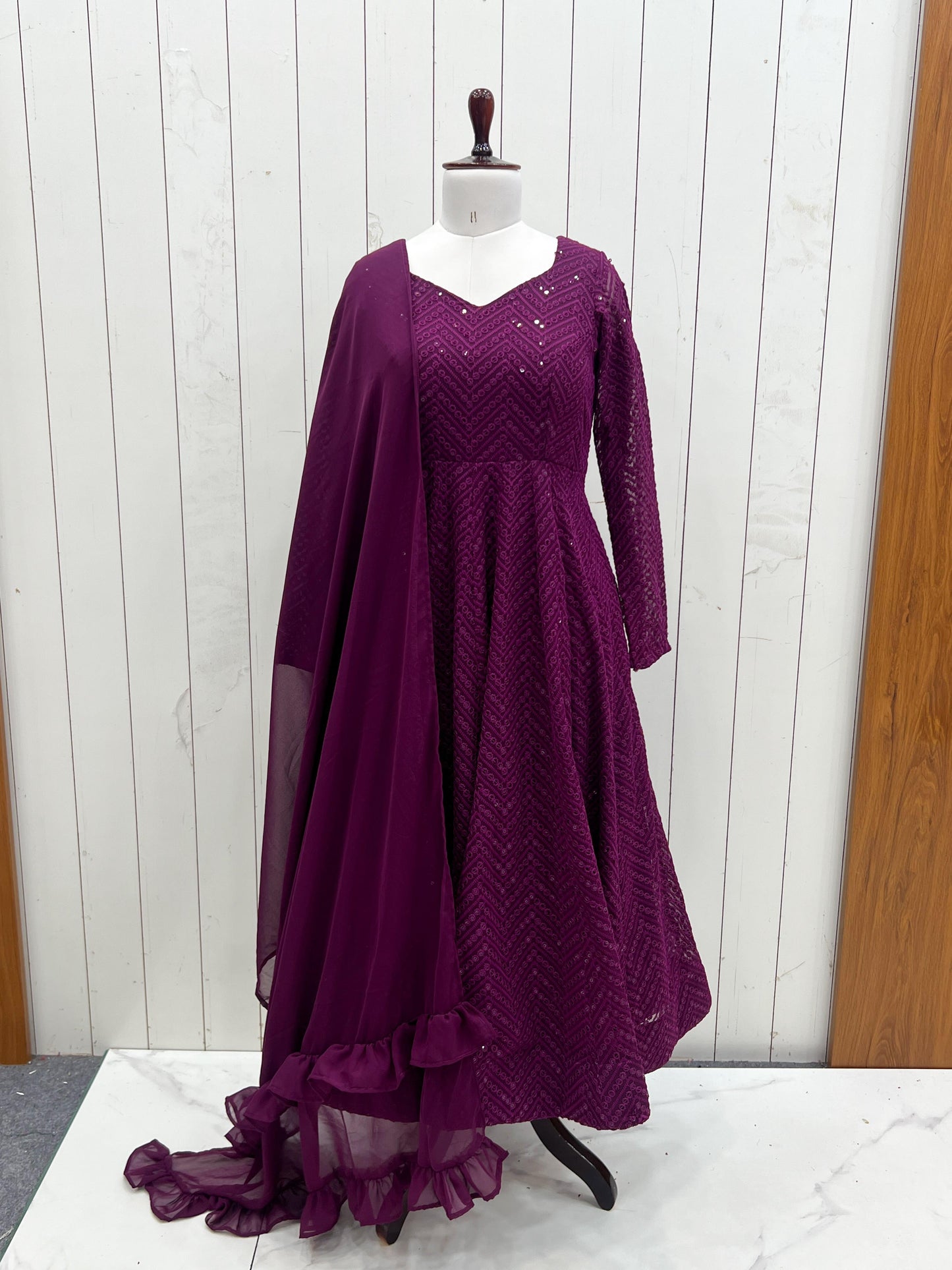 Wine Heavy Pure Soft Fox Georgette with Lucknowi Sequins Work 3pc Kurta Set