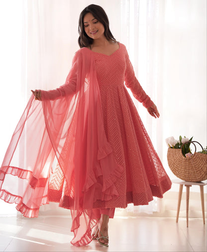 Peach Heavy Pure Soft Fox Georgette with Lucknowi Sequins Work 3pc Kurta Set (Copy)