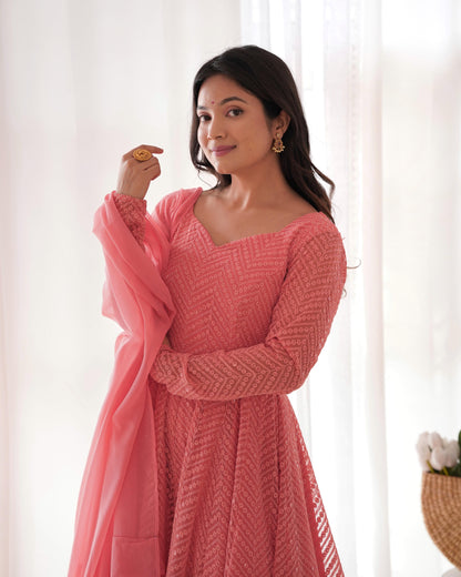 Peach Heavy Pure Soft Fox Georgette with Lucknowi Sequins Work 3pc Kurta Set (Copy)