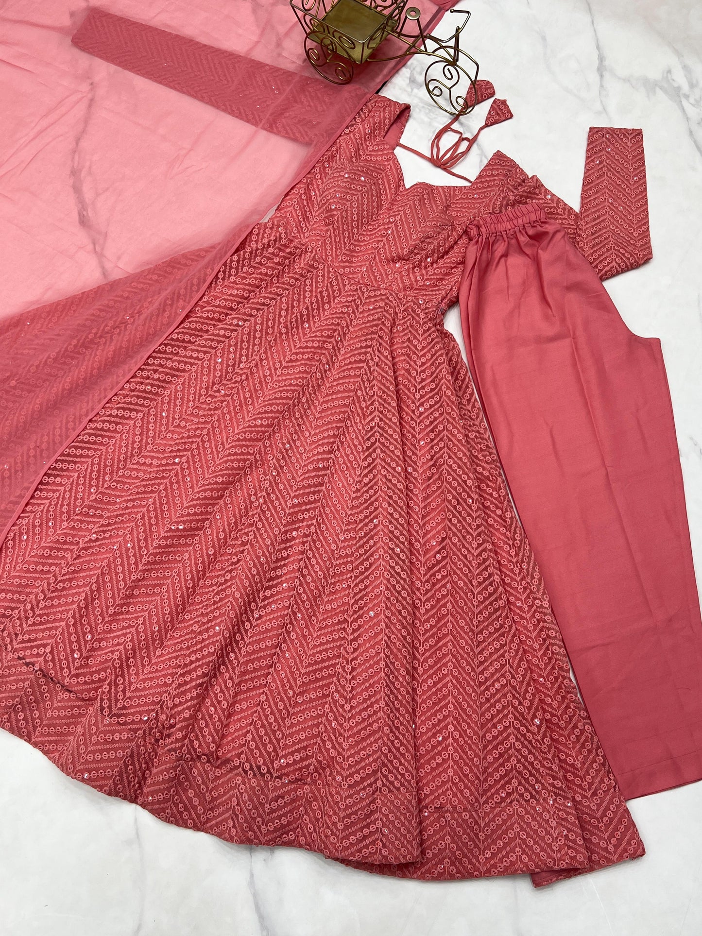 Peach Heavy Pure Soft Fox Georgette with Lucknowi Sequins Work 3pc Kurta Set (Copy)