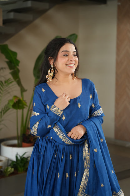 Blue Chinnon with Sequins Work Gown With Dupatta