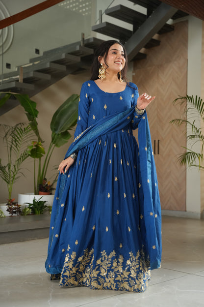Blue Chinnon with Sequins Work Gown With Dupatta
