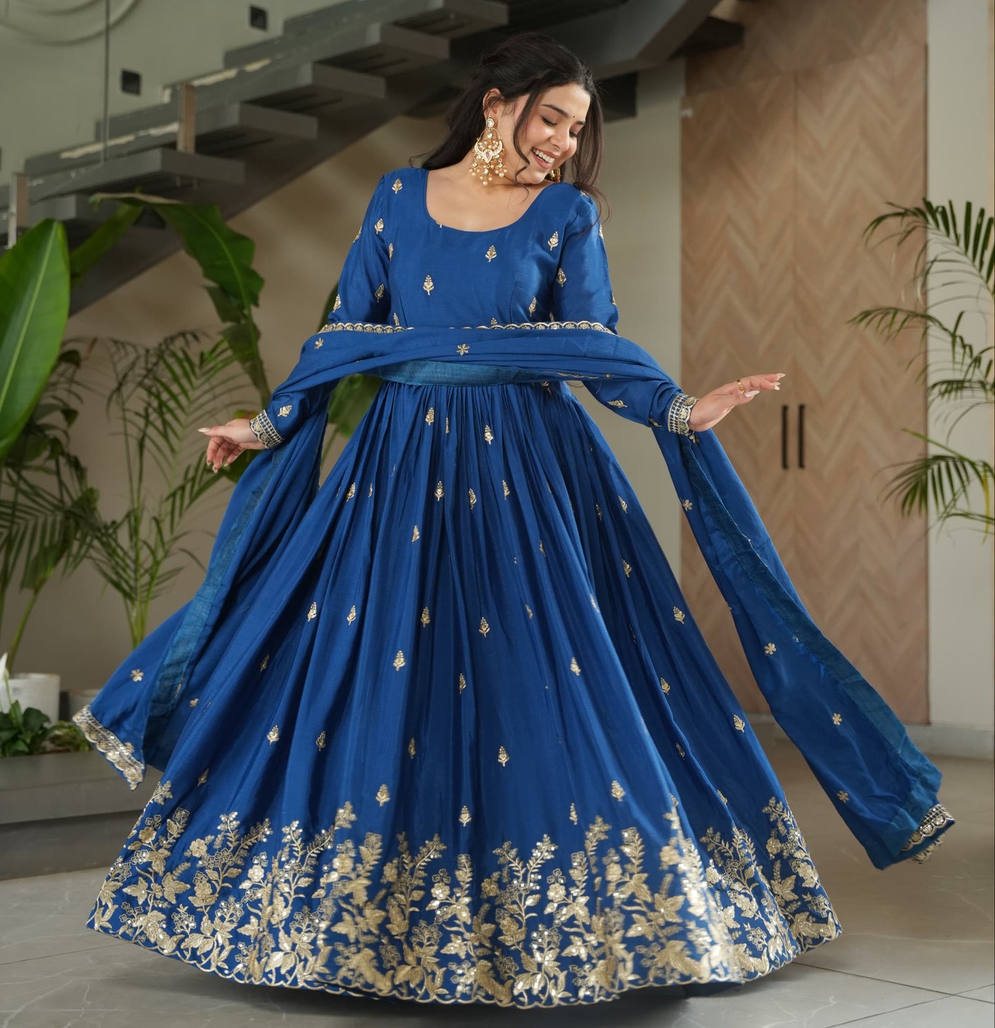 Blue Chinnon with Sequins Work Gown With Dupatta