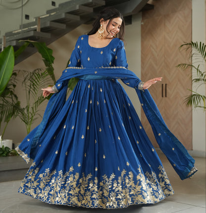 Blue Chinnon with Sequins Work Gown With Dupatta