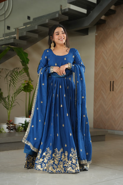 Blue Chinnon with Sequins Work Gown With Dupatta