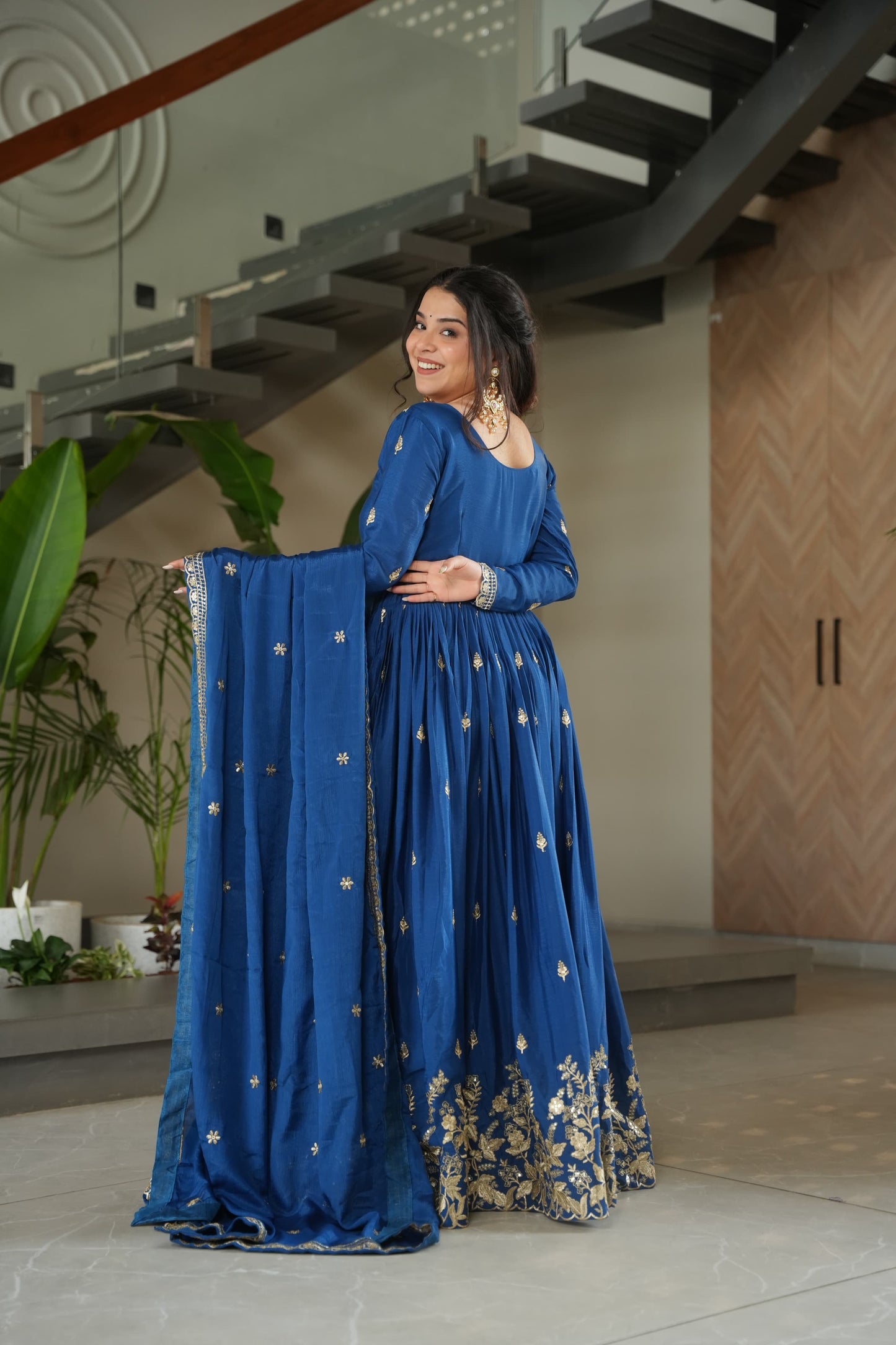 Blue Chinnon with Sequins Work Gown With Dupatta