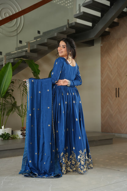 Blue Chinnon with Sequins Work Gown With Dupatta