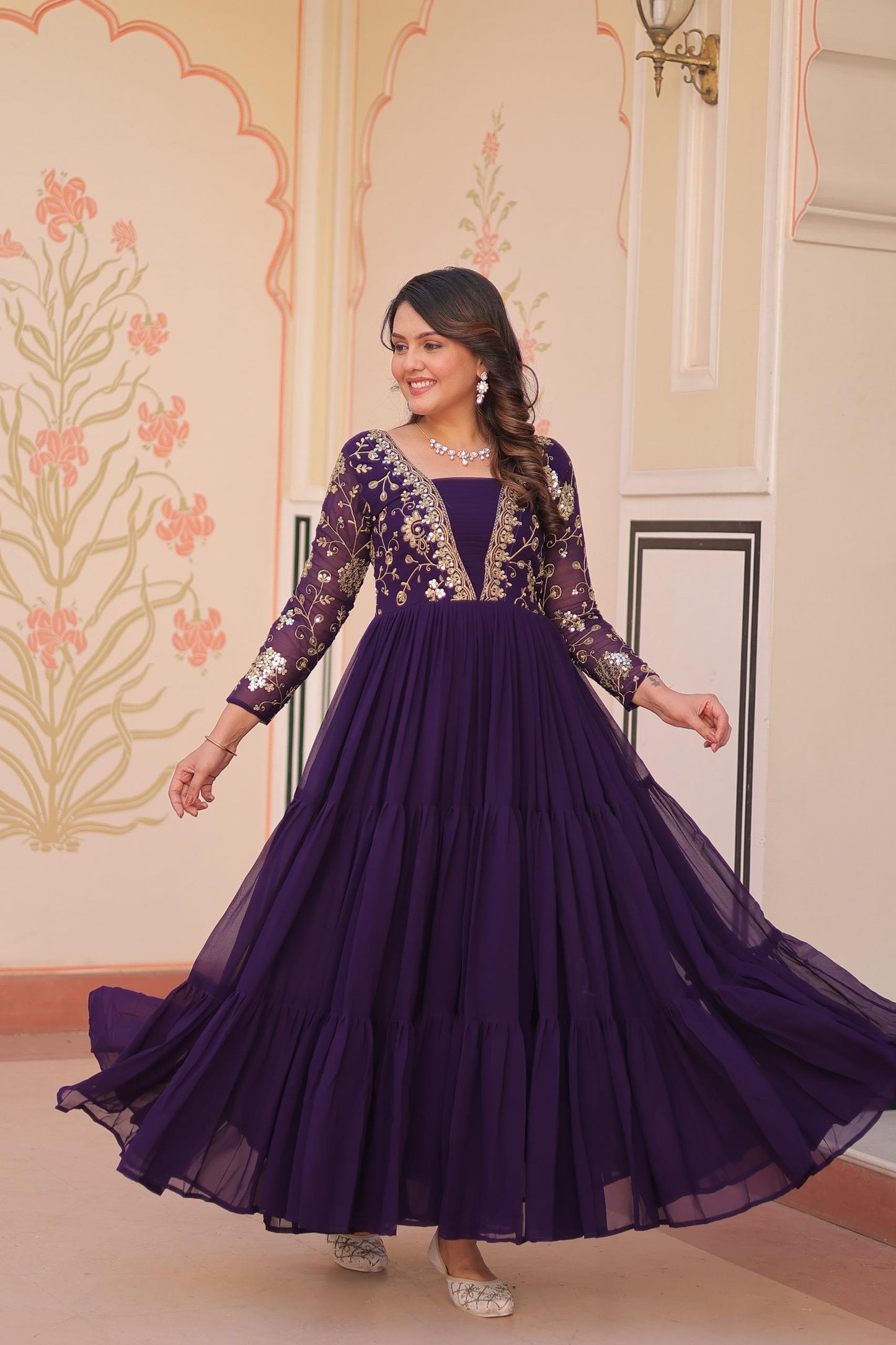 Purple Faux Blooming  Zari Work Gown