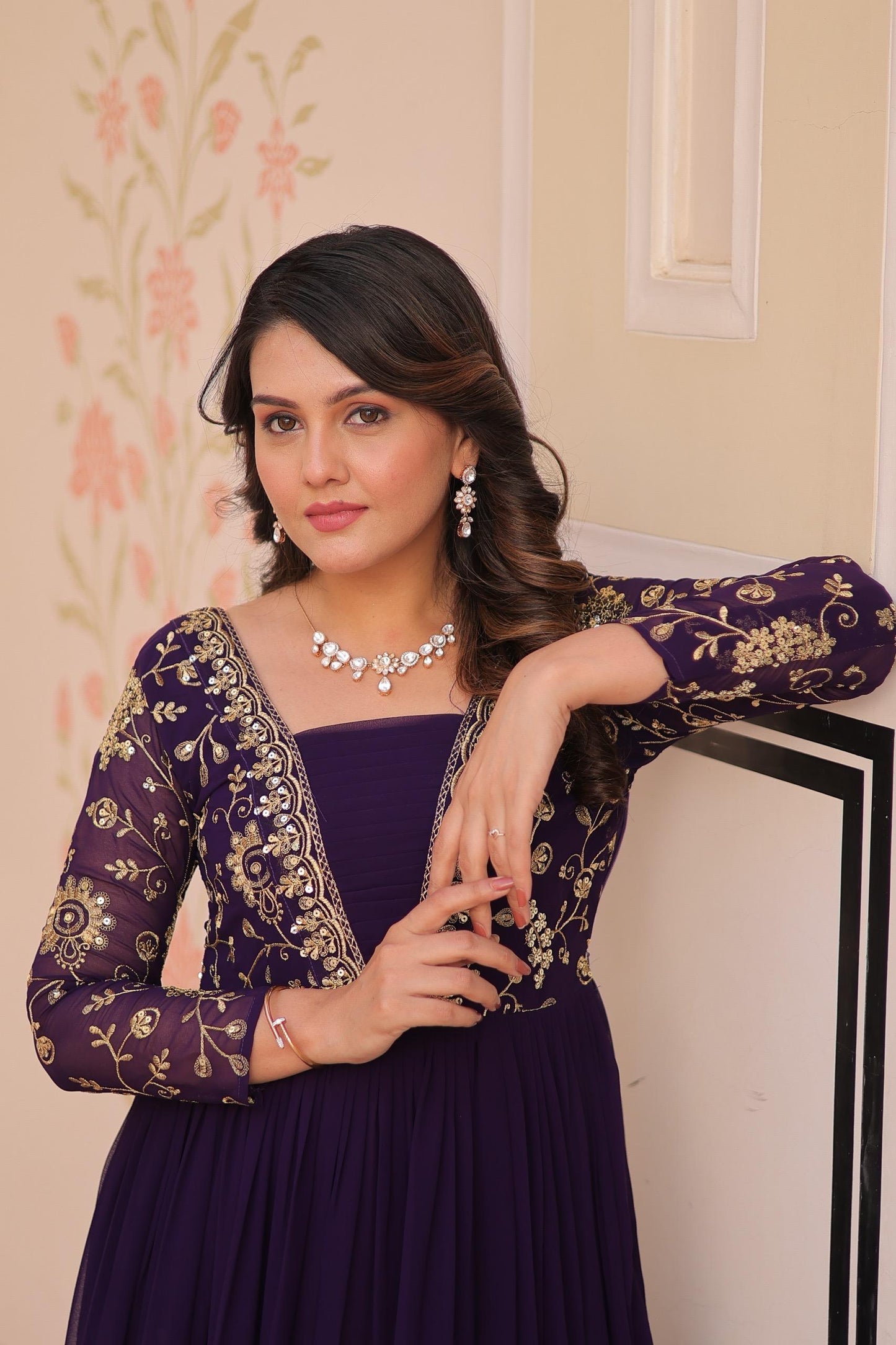 Purple Faux Blooming  Zari Work Gown