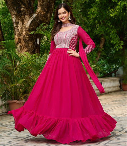 Pink Star Georgette Sequins Work Gown With Dupatta
