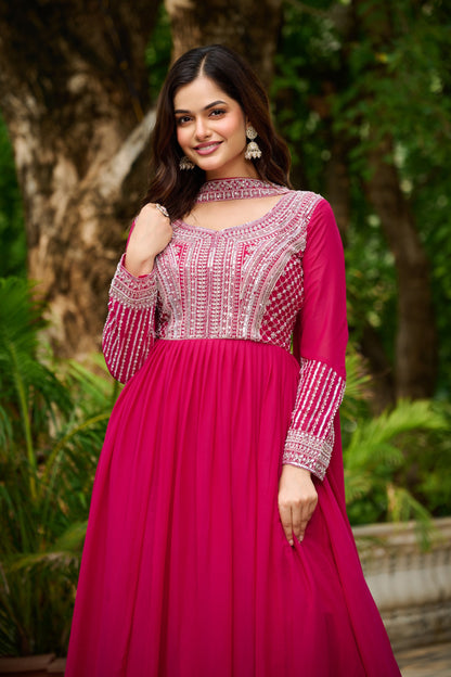 Pink Star Georgette Sequins Work Gown With Dupatta