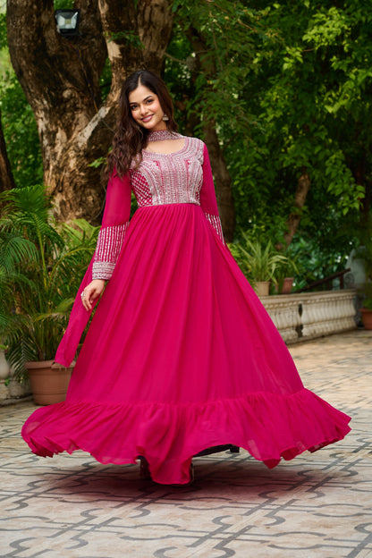 Pink Star Georgette Sequins Work Gown With Dupatta