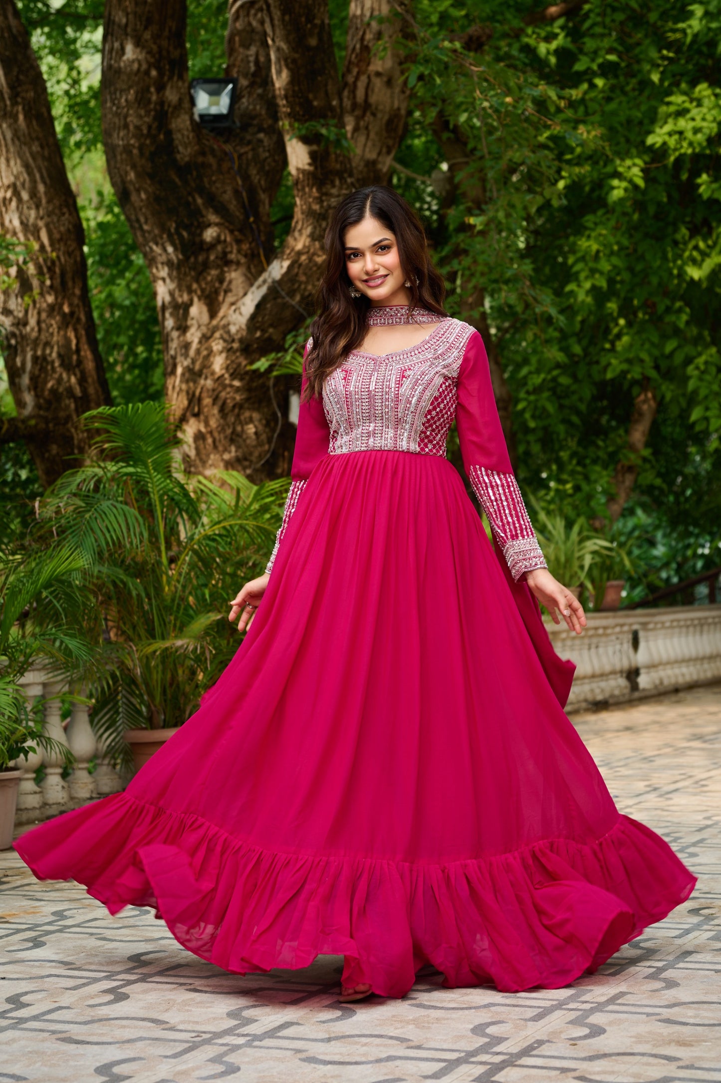 Pink Star Georgette Sequins Work Gown With Dupatta