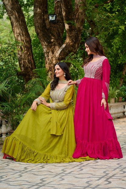 Pink Star Georgette Sequins Work Gown With Dupatta