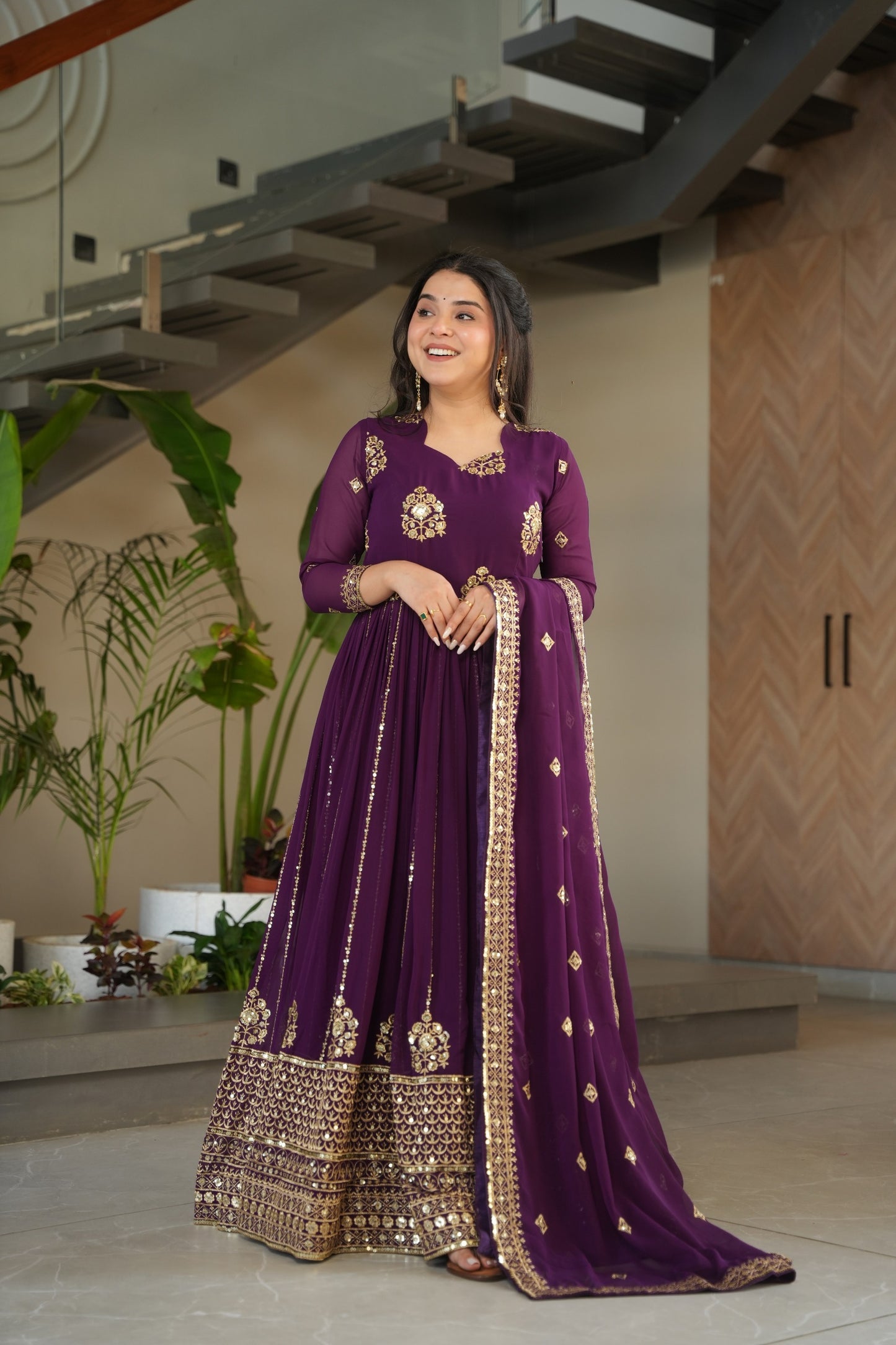 Purple Sequins Embroidered Work Gown With Dupatta