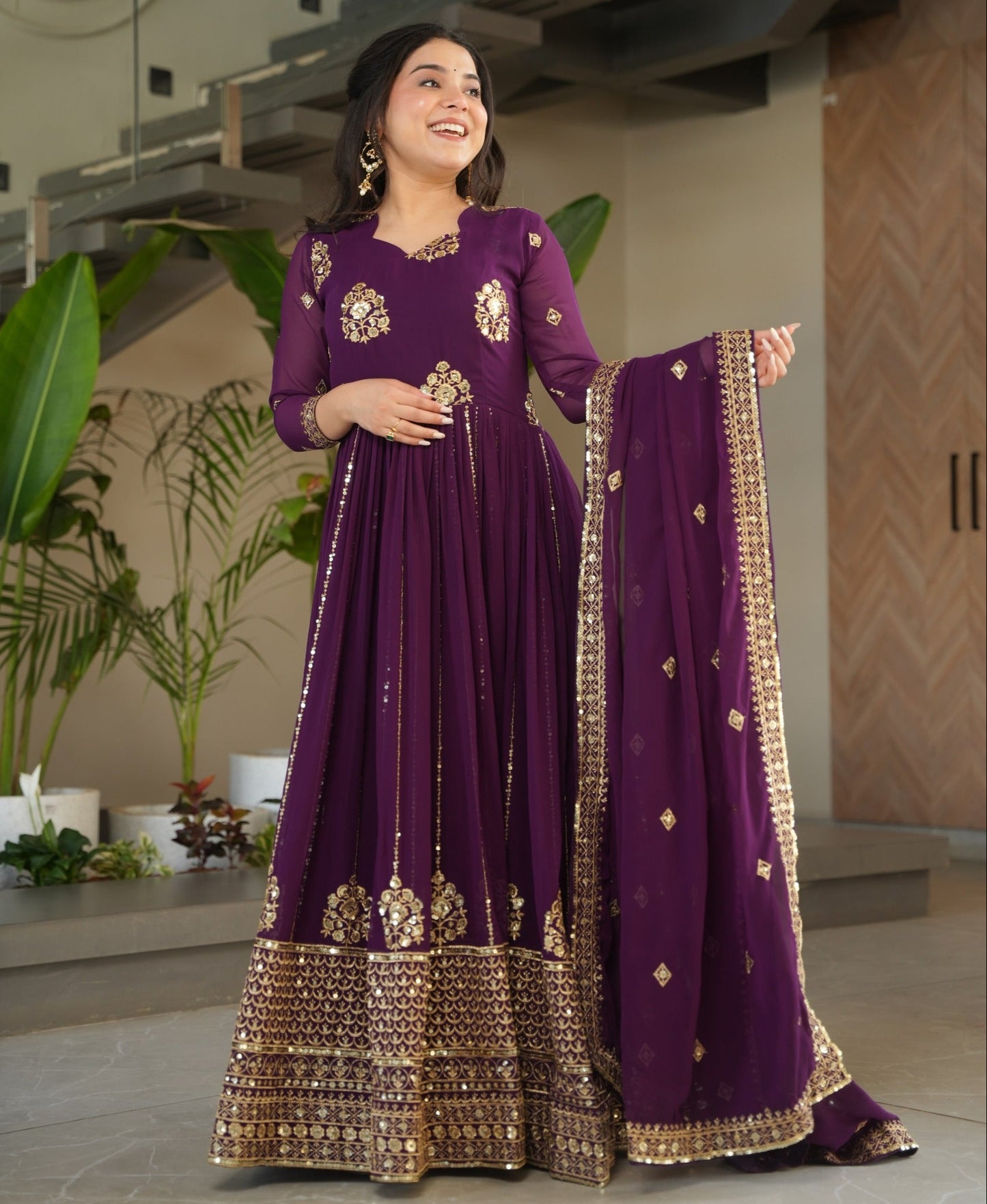 Purple Sequins Embroidered Work Gown With Dupatta