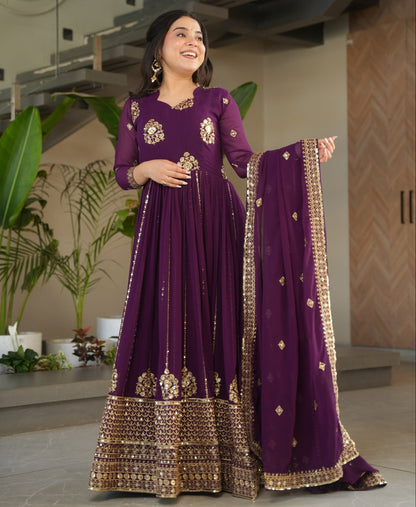 Purple Sequins Embroidered Work Gown With Dupatta
