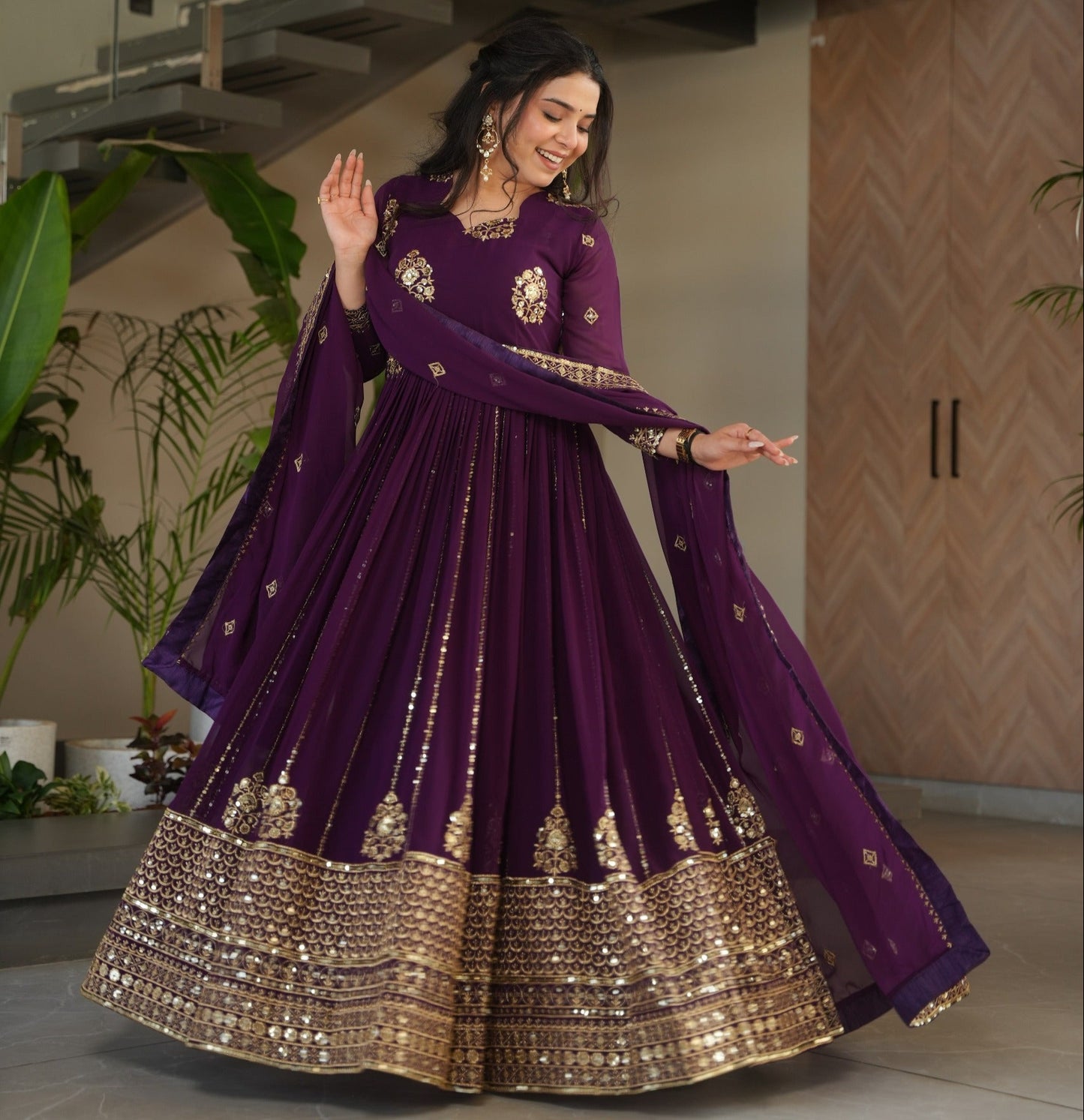 Purple Sequins Embroidered Work Gown With Dupatta