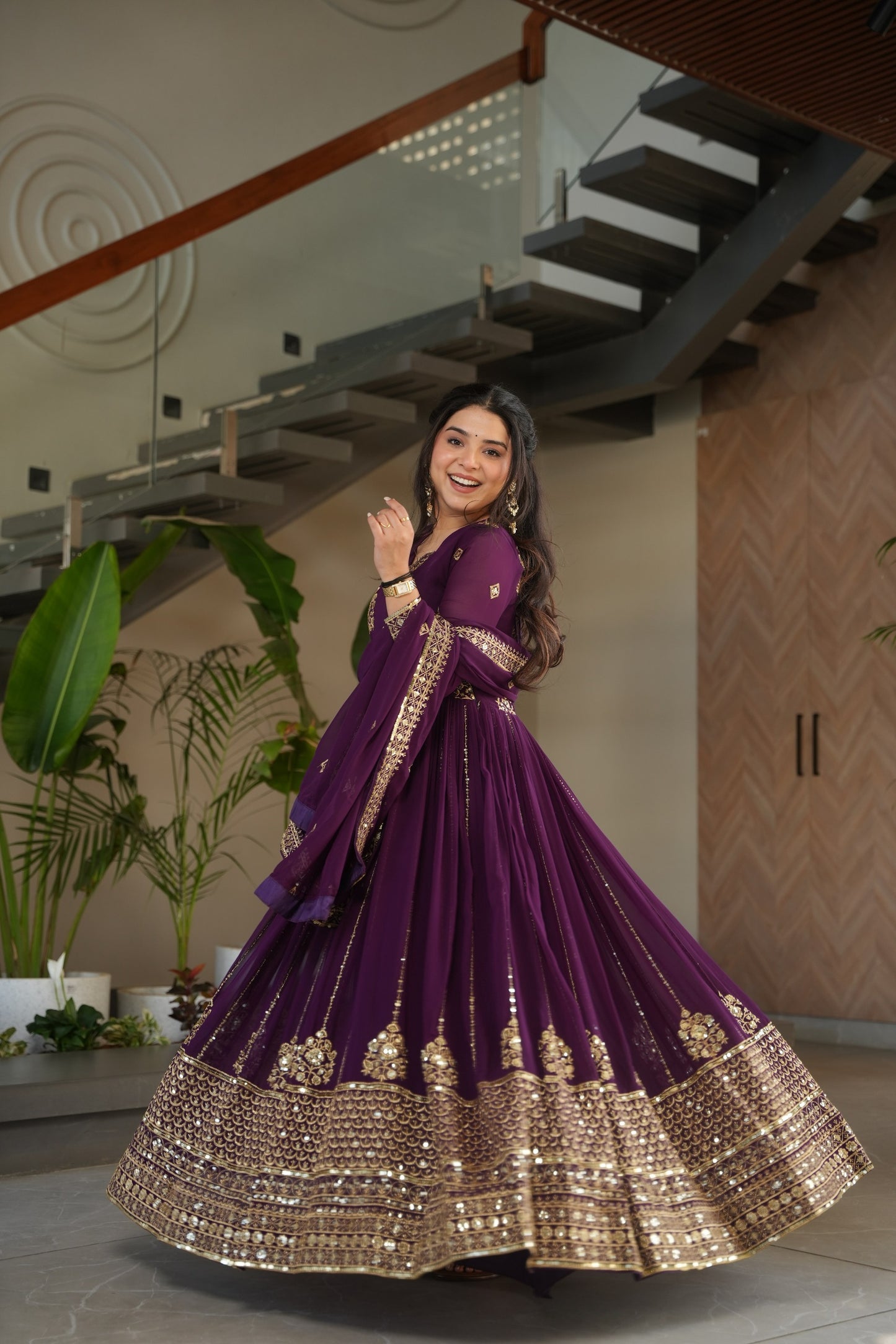 Purple Sequins Embroidered Work Gown With Dupatta