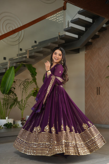 Purple Sequins Embroidered Work Gown With Dupatta