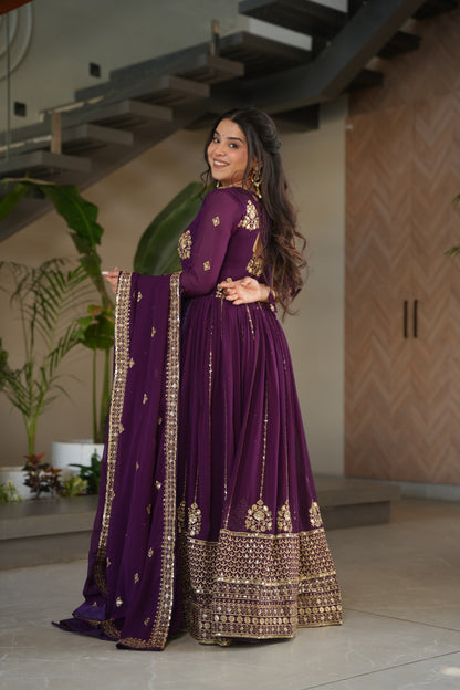 Purple Sequins Embroidered Work Gown With Dupatta