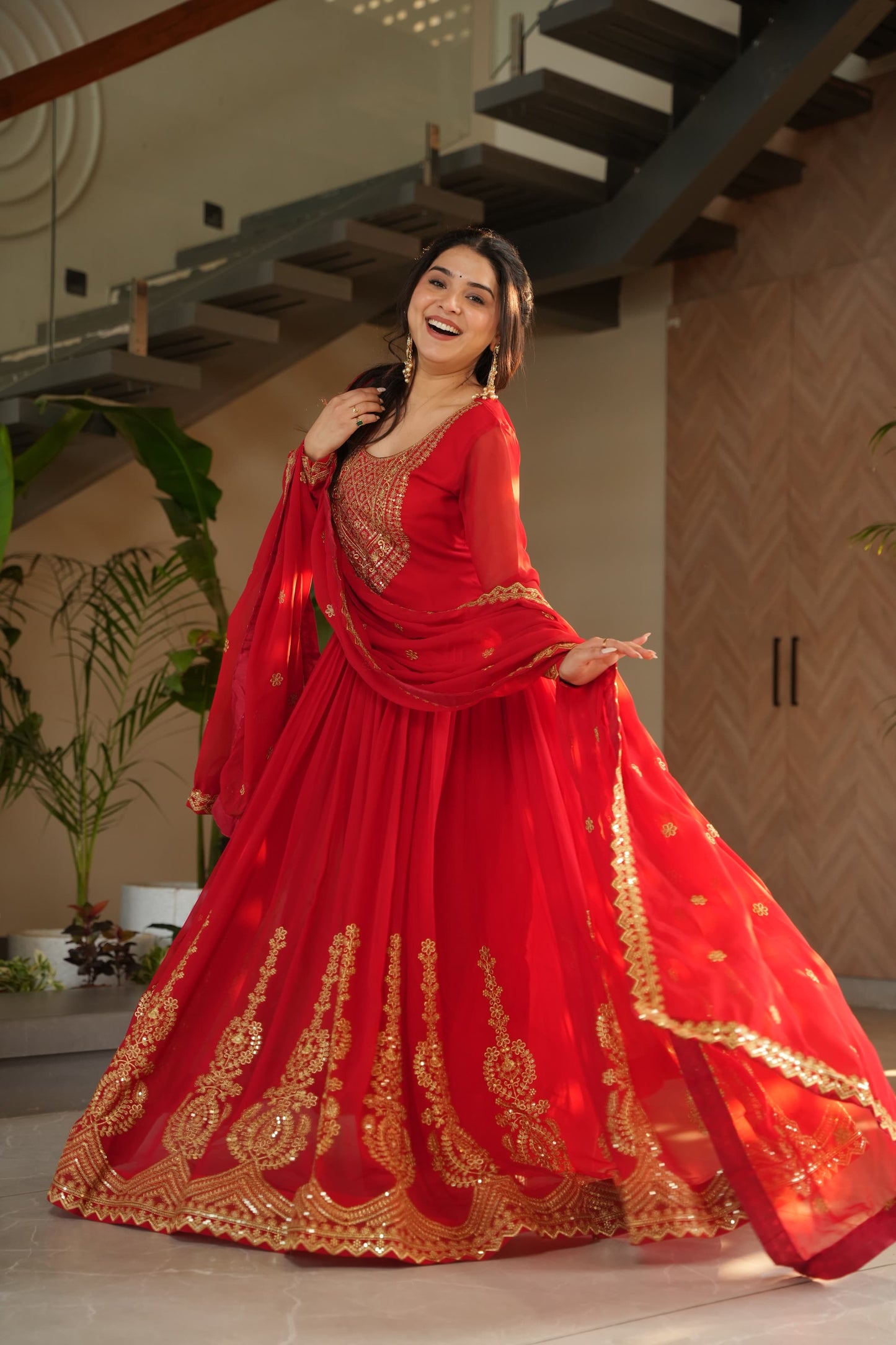 Red  Faux Blooming with Embroidery Zari Sequins Work Gown With Dupatta