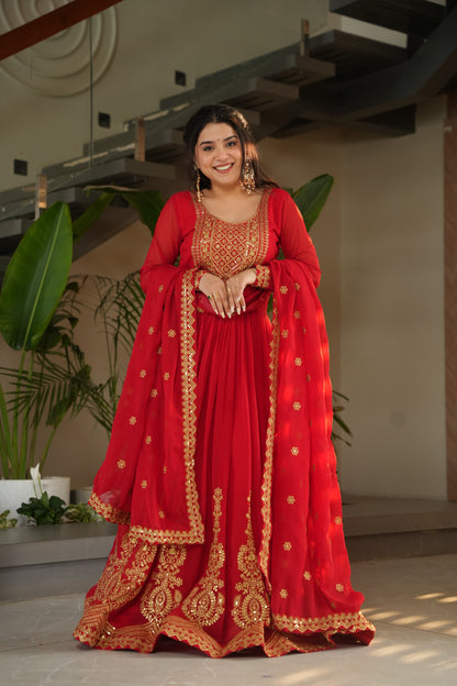 Red  Faux Blooming with Embroidery Zari Sequins Work Gown With Dupatta