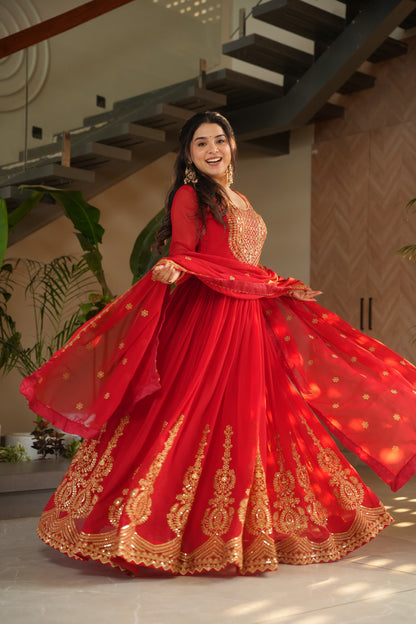 Red  Faux Blooming with Embroidery Zari Sequins Work Gown With Dupatta