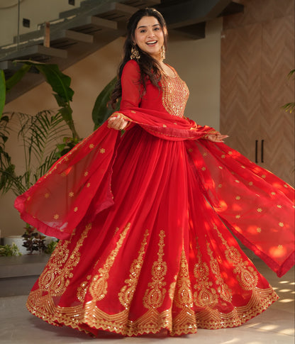 Red  Faux Blooming with Embroidery Zari Sequins Work Gown With Dupatta