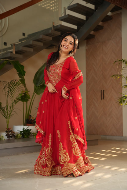Red  Faux Blooming with Embroidery Zari Sequins Work Gown With Dupatta