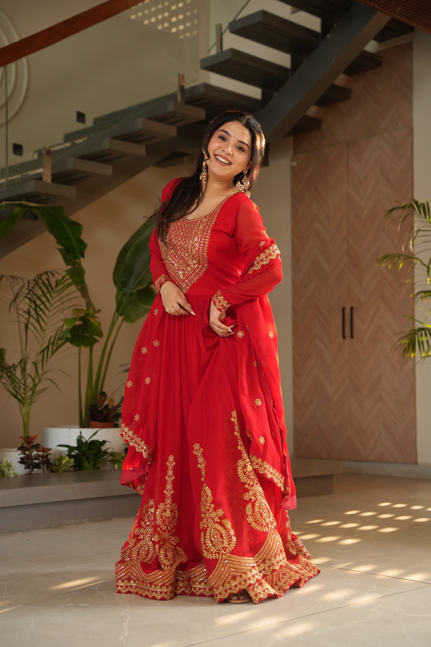Red  Faux Blooming with Embroidery Zari Sequins Work Gown With Dupatta