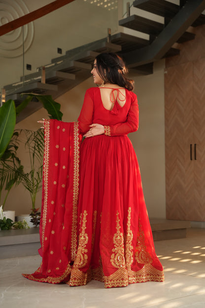 Red  Faux Blooming with Embroidery Zari Sequins Work Gown With Dupatta