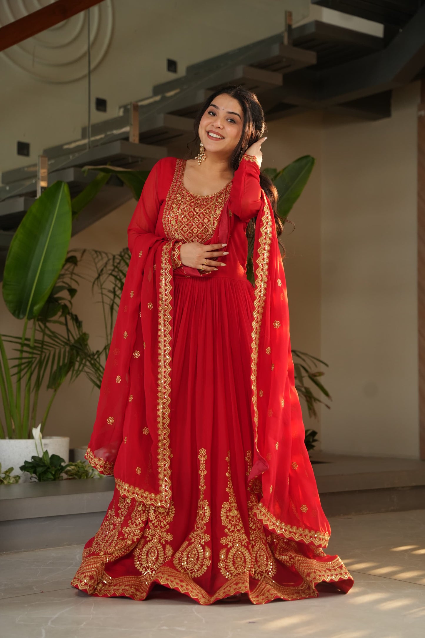 Red  Faux Blooming with Embroidery Zari Sequins Work Gown With Dupatta