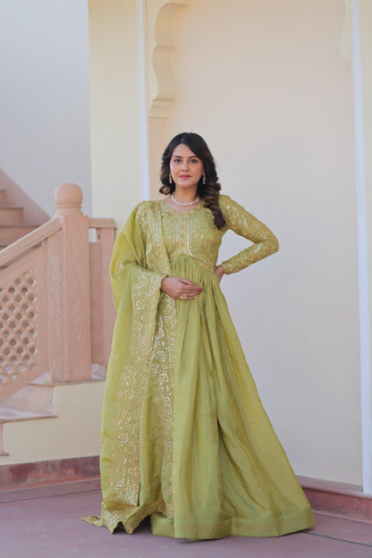 Parrot Green Gold-Crush Fabric with Sequins Work Gown With Dupatta