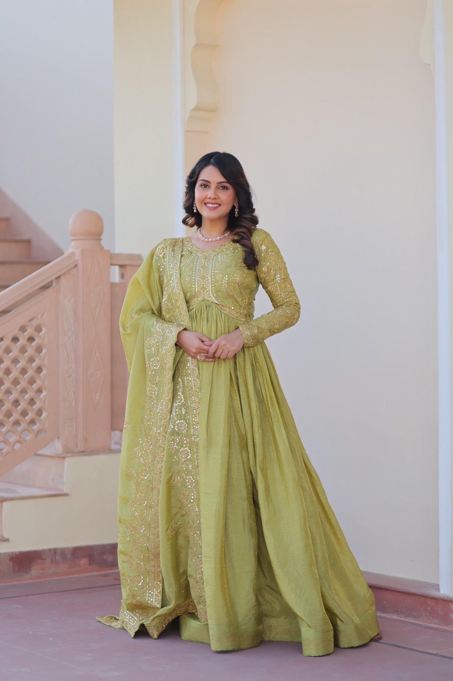 Parrot Green Gold-Crush Fabric with Sequins Work Gown With Dupatta
