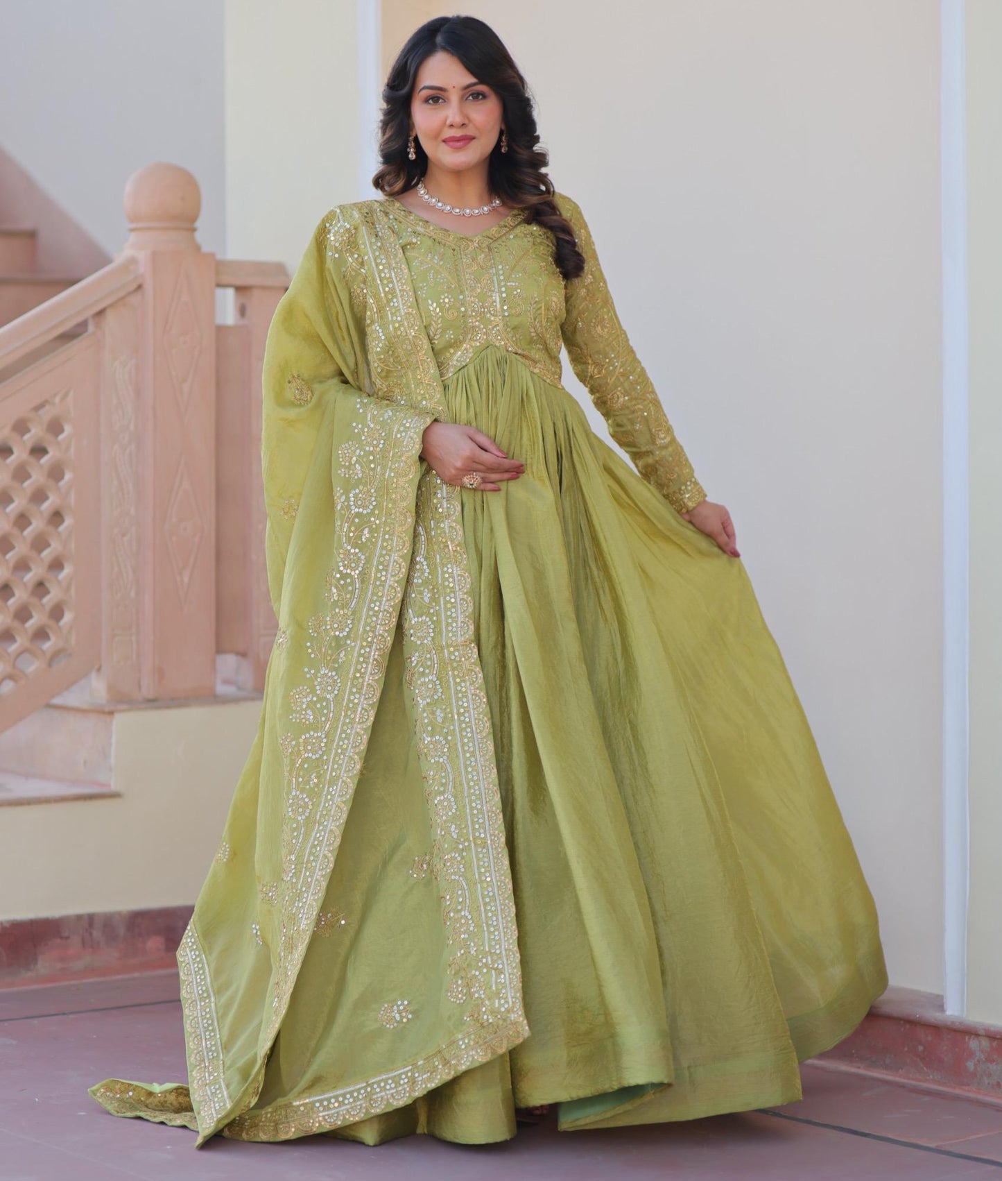 Parrot Green Gold-Crush Fabric with Sequins Work Gown With Dupatta