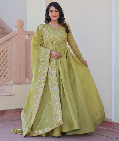 Parrot Green Gold-Crush Fabric with Sequins Work Gown With Dupatta