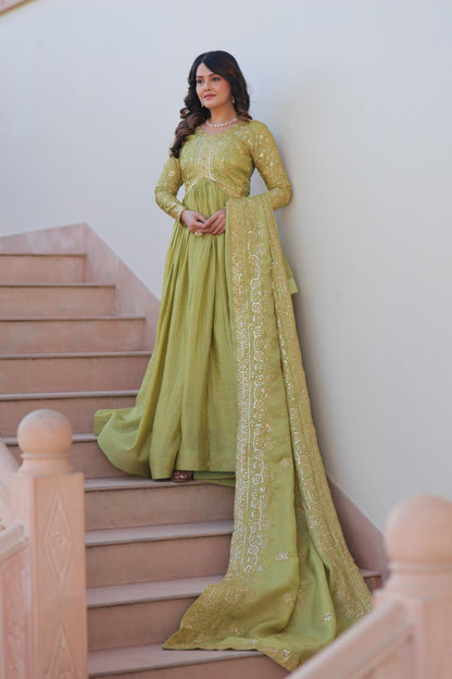 Parrot Green Gold-Crush Fabric with Sequins Work Gown With Dupatta