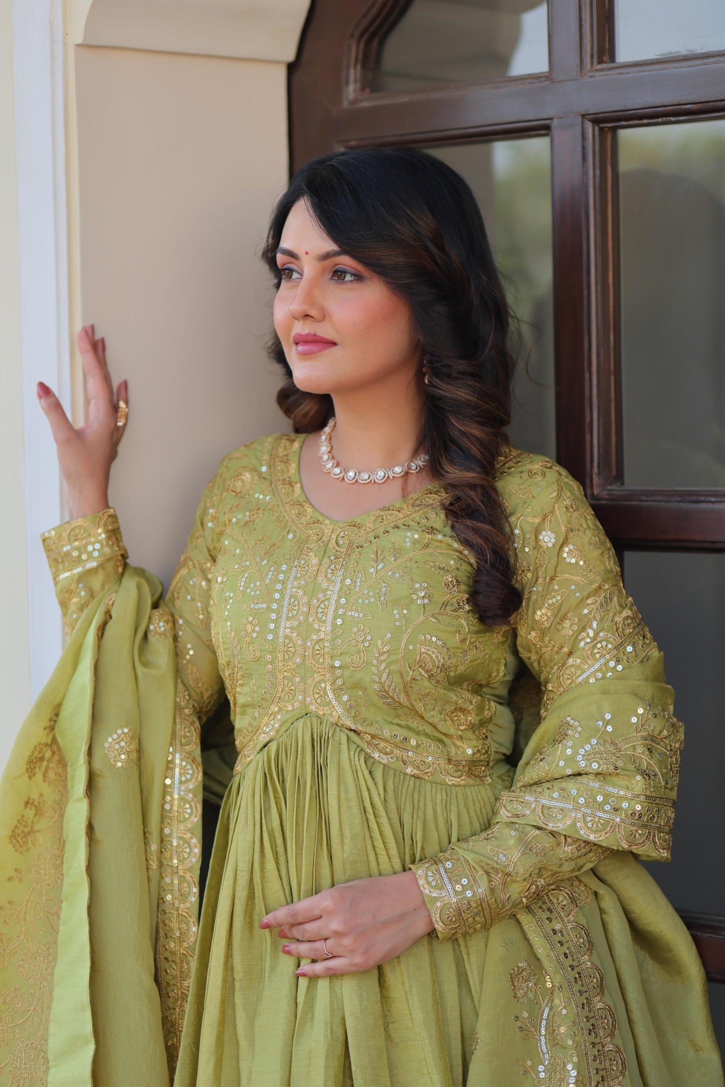 Parrot Green Gold-Crush Fabric with Sequins Work Gown With Dupatta