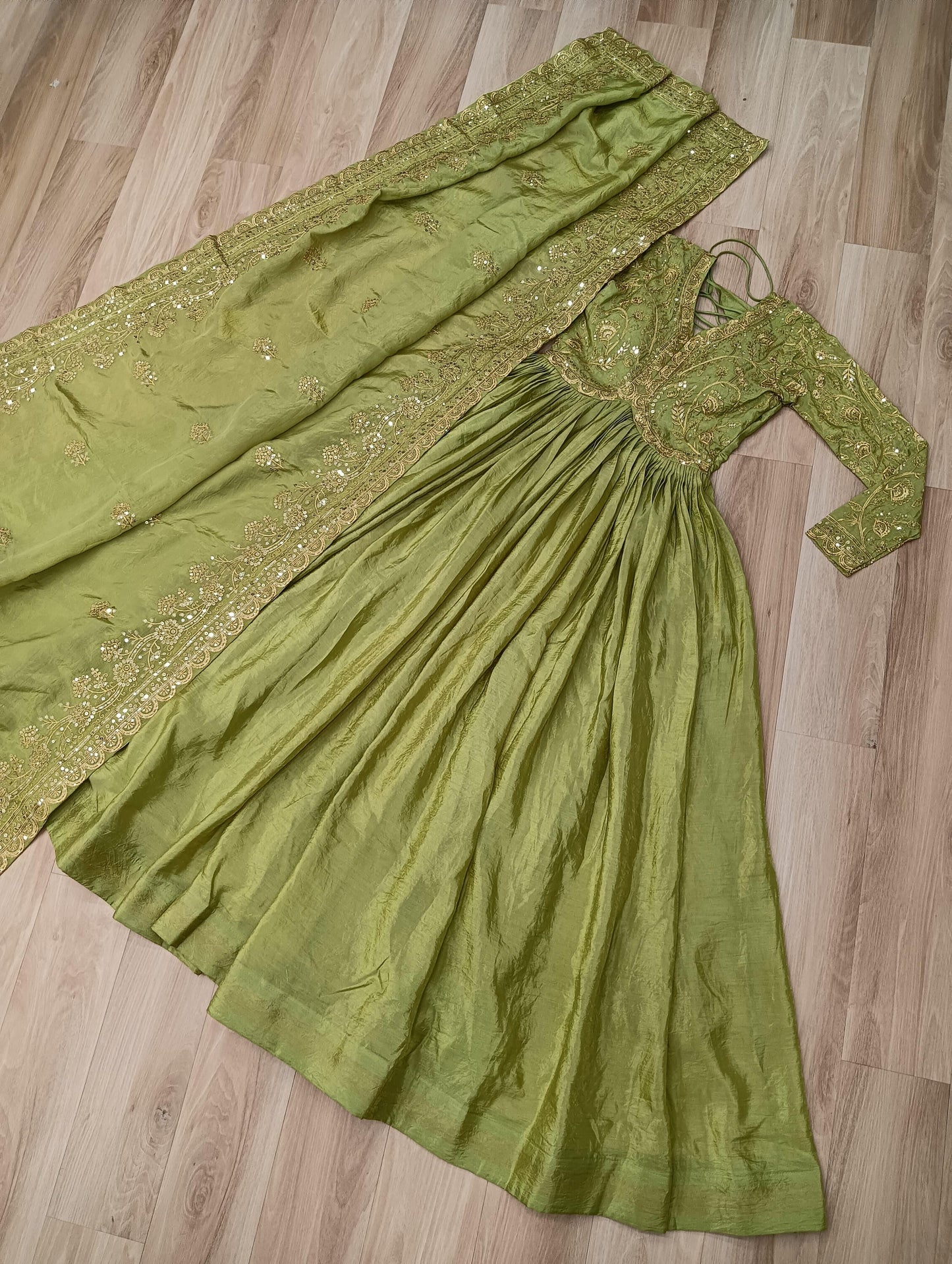 Parrot Green Gold-Crush Fabric with Sequins Work Gown With Dupatta